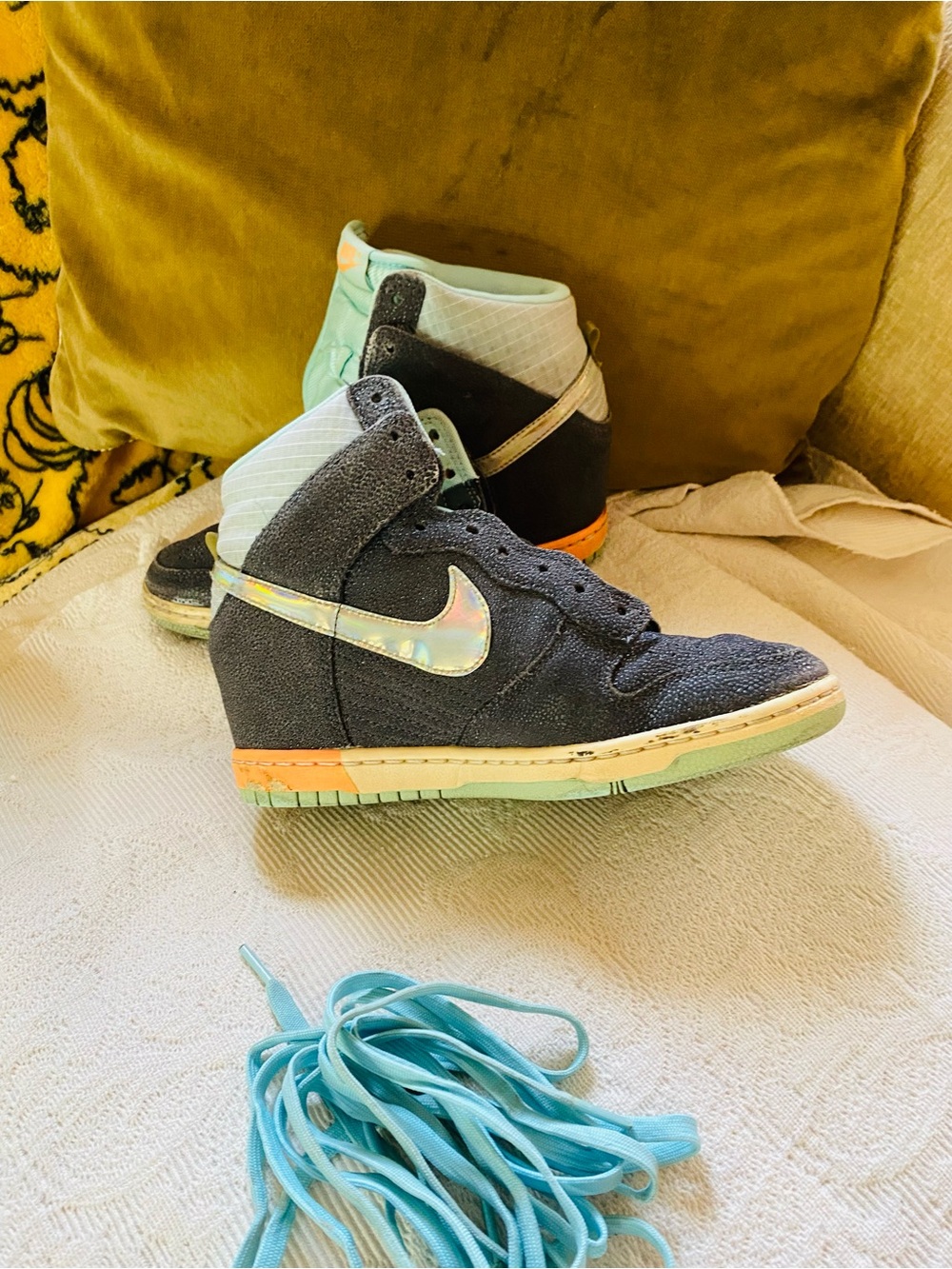 Nike Kids High-Top Sneakers in Black with Iridescent Swoosh and Mint Outsole